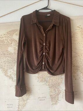 H&M Brown Ruched Button-Down Long Sleeve Top